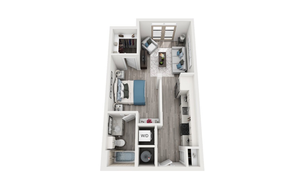 S1 - Studio floorplan layout with 1 bath and 558 to 619 square feet.