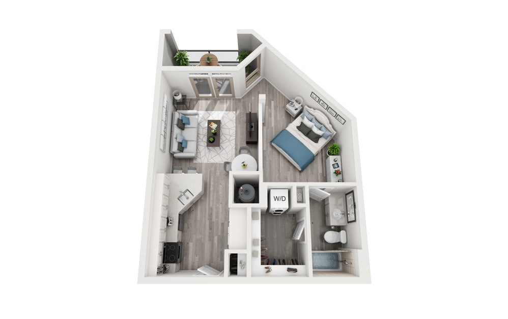 S2 - Studio floorplan layout with 1 bath and 613 square feet.