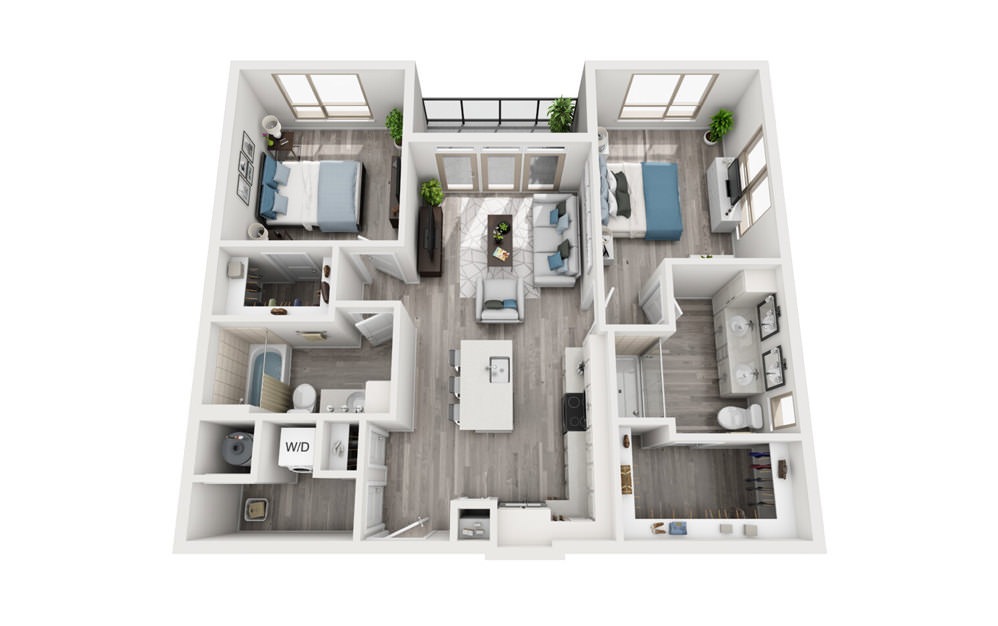 B1 - 2 bedroom floorplan layout with 2 baths and 1074 to 1122 square feet.