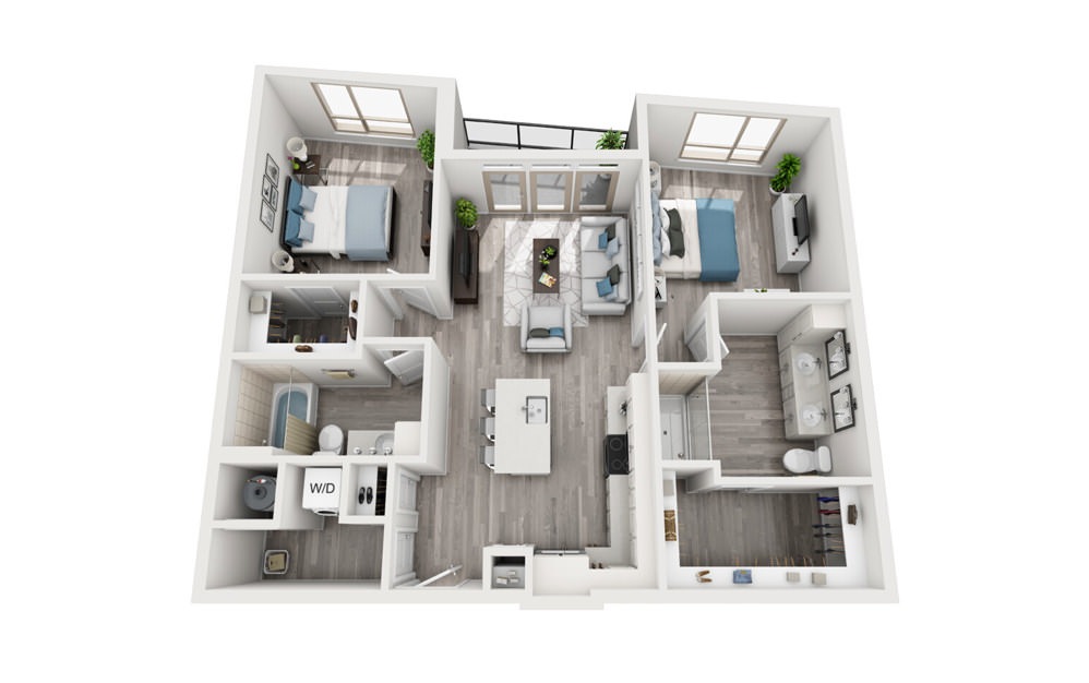 B2 - 2 bedroom floorplan layout with 2 baths and 1087 to 1089 square feet.