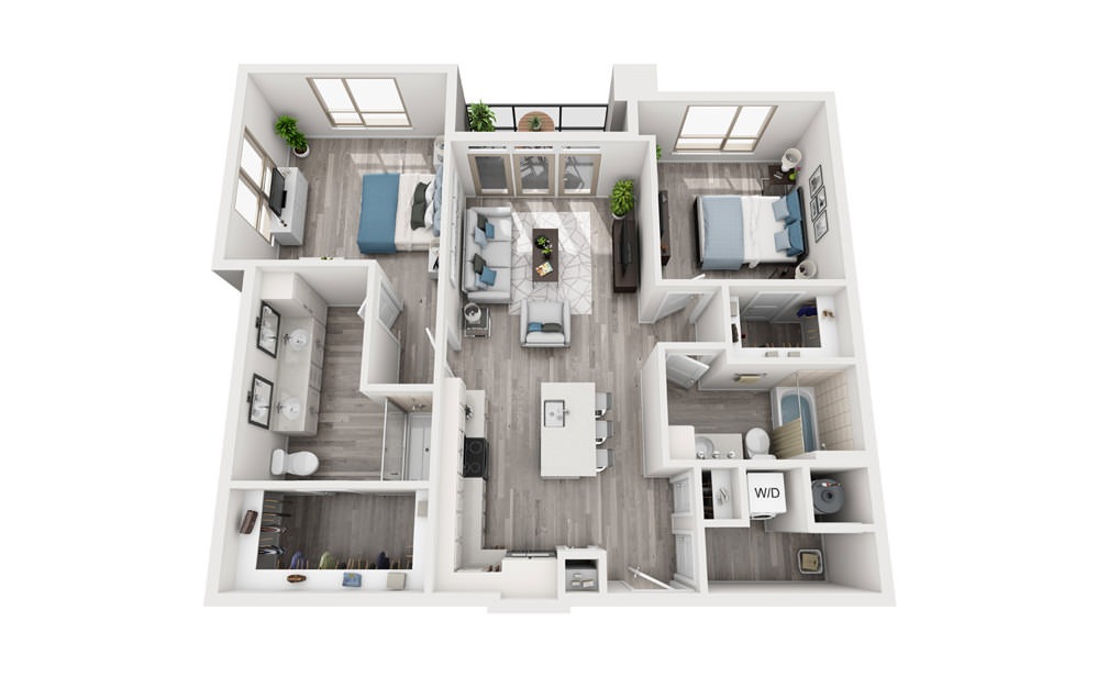 B3 - 2 bedroom floorplan layout with 2 baths and 1148 to 1150 square feet.