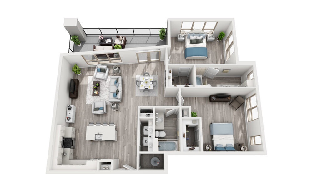 B4 - 2 bedroom floorplan layout with 2 baths and 1364 square feet.