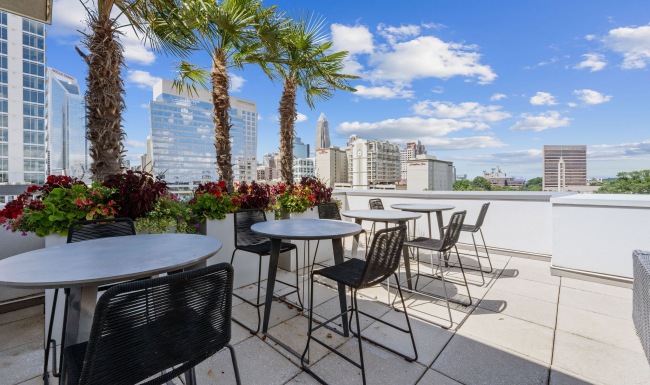 City views from a patio at Savoy, Charlotte, NC uptown apartments.