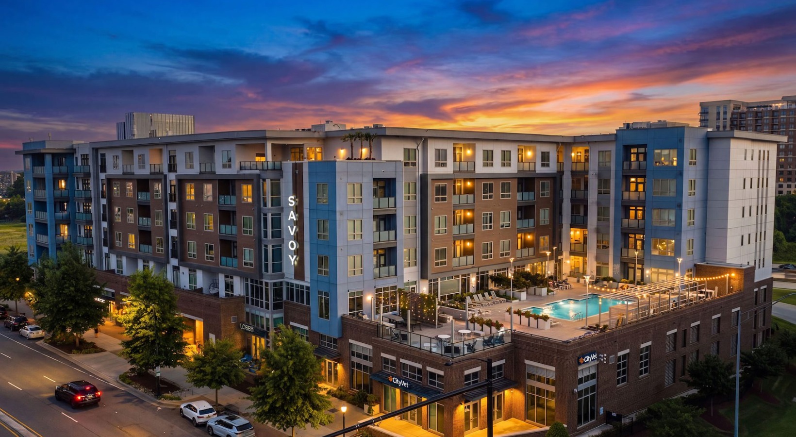 an aerial view of an apartment complex