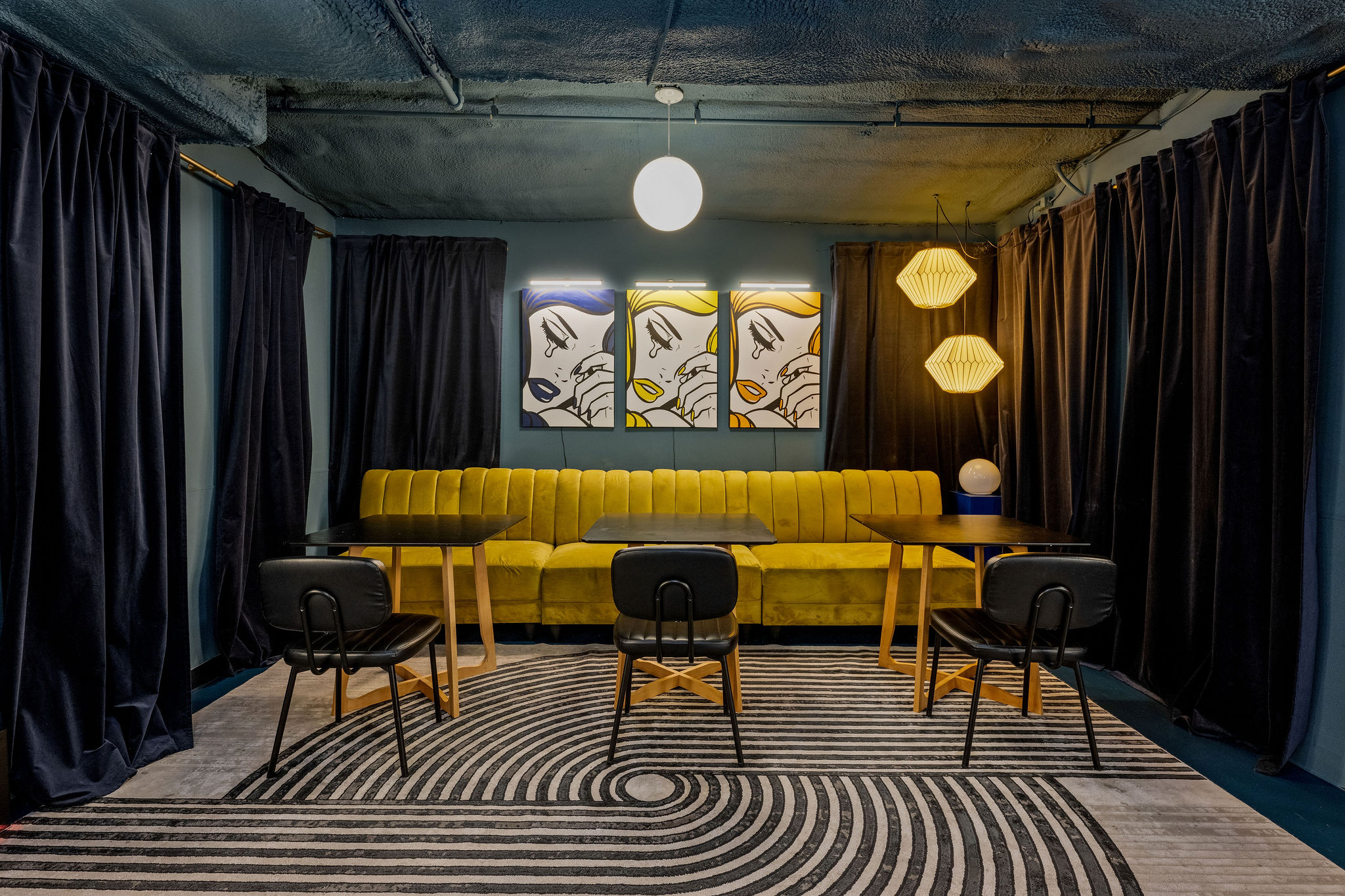 Seating area with vintage art work